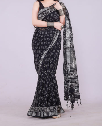 Super Soft Hand Block Linen Cotton Saree