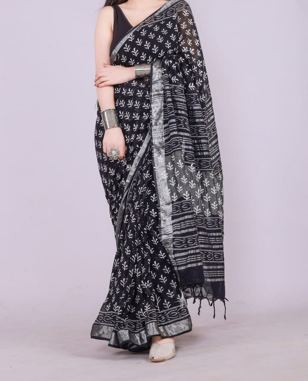 Super Soft Hand Block Linen Cotton Saree