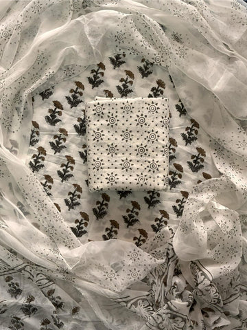 Handblock print cotton suits with chiffon dupatta