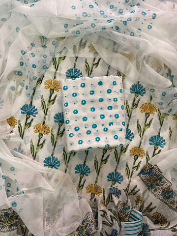 Handblock print cotton suits with chiffon dupatta