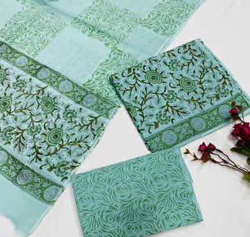 Hand Block Printed Cotton Suits With Cotton Dupatta