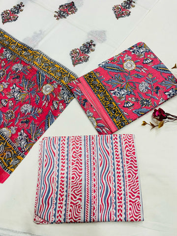 Hand Block Printed Cotton Suits With Cotton Dupatta