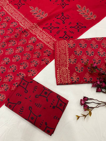 Hand Block Printed Cotton Suits With Cotton Dupatta