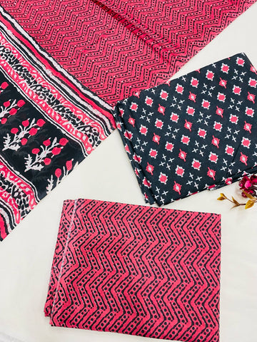 Hand Block Printed Cotton Suits With Cotton Dupatta