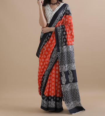 Bagru Block Print Cotton mulmul Sarees With Running Blouse