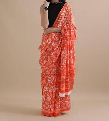 Bagru Block Print Cotton mulmul Sarees With Running Blouse