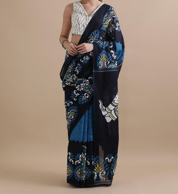 Bagru Block Print Cotton mulmul Sarees With Running Blouse