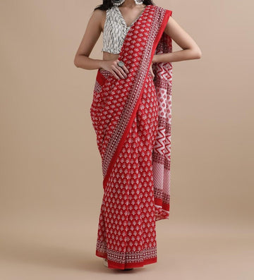 Bagru Block Print Cotton mulmul Sarees With Running Blouse