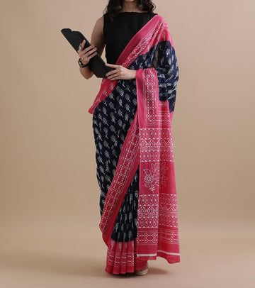 Bagru Block Print Cotton mulmul Sarees With Running Blouse