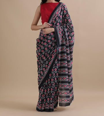 Bagru Block Print Cotton mulmul Sarees With Running Blouse