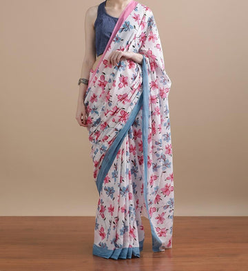 Bagru Block Print Cotton mulmul Sarees With Running Blouse