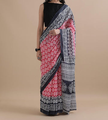 Bagru Block Print Cotton mulmul Sarees With Running Blouse