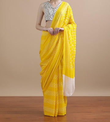 Bagru Block Print Cotton mulmul Sarees With Running Blouse