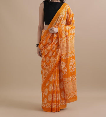 Bagru Block Print Cotton mulmul Sarees With Running Blouse