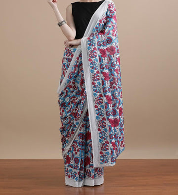 Bagru Block Print Cotton mulmul Sarees With Running Blouse