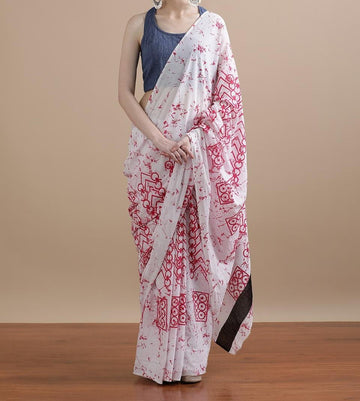 Bagru Block Print Cotton mulmul Sarees With Running Blouse