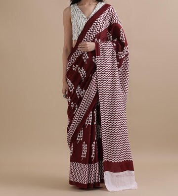 Bagru Block Print Cotton mulmul Sarees With Running Blouse