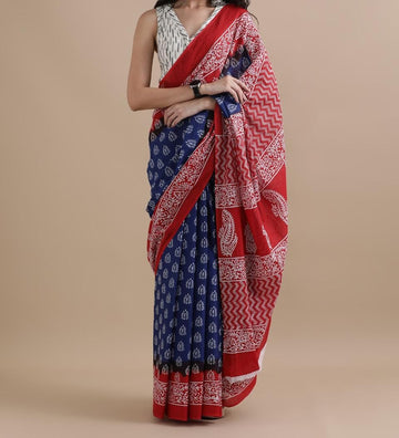 Bagru Block Print Cotton mulmul Sarees With Running Blouse
