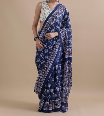 Bagru Block Print Cotton mulmul Sarees With Running Blouse