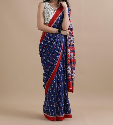 Bagru Block Print Cotton mulmul Sarees With Running Blouse