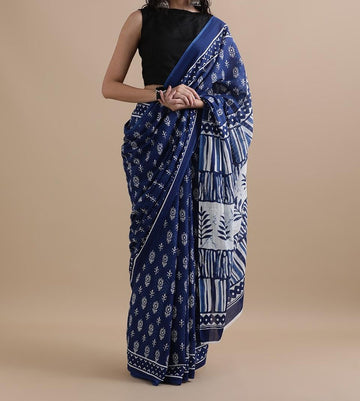Bagru Block Print Cotton mulmul Sarees With Running Blouse