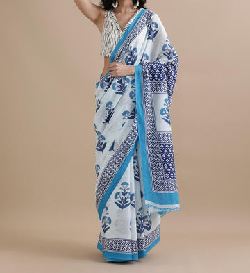 Bagru Block Print Cotton mulmul Sarees With Running Blouse