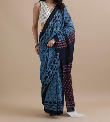 Bagru Block Print Cotton mulmul Sarees With Running Blouse