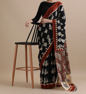 Bagru Block Print Cotton mulmul Sarees With Running Blouse