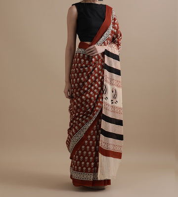 Bagru Block Print Cotton mulmul Sarees With Running Blouse