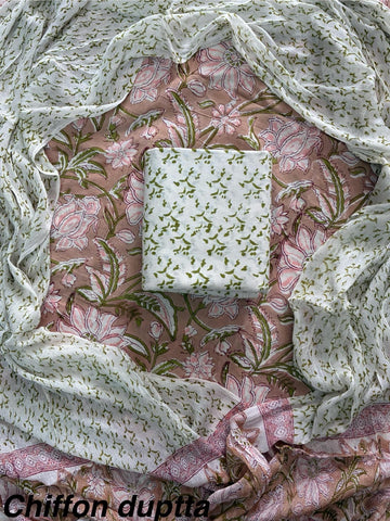 Cotton Hand Block Printed Suit With Kota Doriya Dupatta