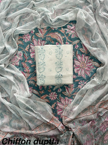 Cotton Hand Block Printed Suit With Kota Doriya Dupatta