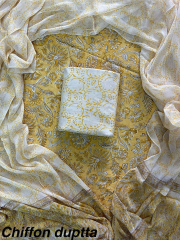 Cotton Hand Block Printed Suit With Kota Doriya Dupatta