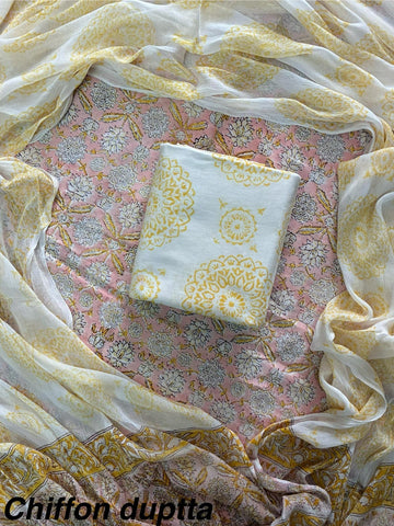 Cotton Hand Block Printed Suit With Kota Doriya Dupatta