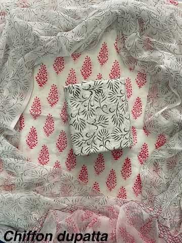 Cotton Hand Block Printed Suit With Kota Doriya Dupatta