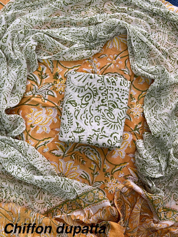 Cotton Hand Block Printed Suit With Kota Doriya Dupatta