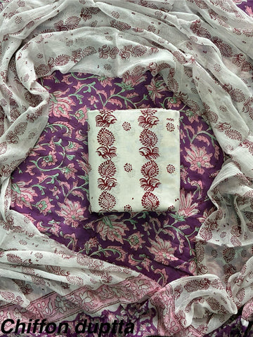 Cotton Hand Block Printed Suit With Kota Doriya Dupatta