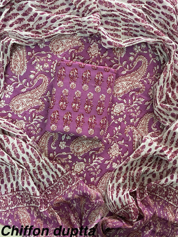 Cotton Hand Block Printed Suit With Kota Doriya Dupatta