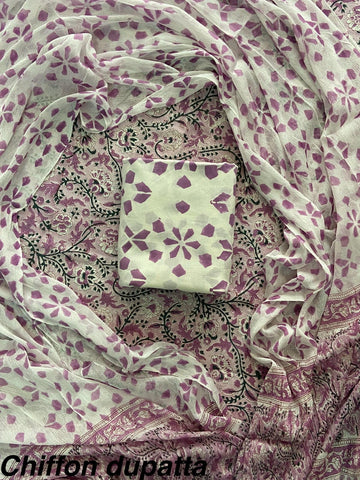 Cotton Hand Block Printed Suit With Kota Doriya Dupatta