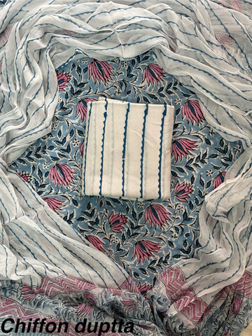 Cotton Hand Block Printed Suit With Kota Doriya Dupatta