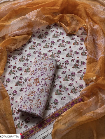Cotton Hand Block Printed Suit With Kota Doriya Dupatta
