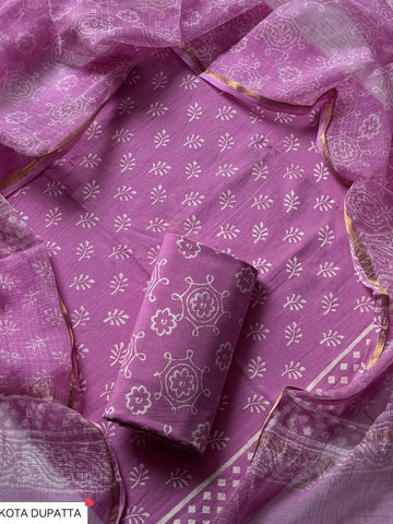 Cotton Hand Block Printed Suit With Kota Doriya Dupatta