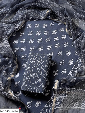 Cotton Hand Block Printed Suit With Kota Doriya Dupatta