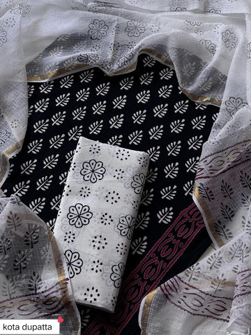 Cotton Hand Block Printed Suit With Kota Doriya Dupatta