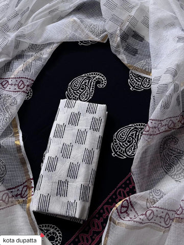 Cotton Hand Block Printed Suit With Kota Doriya Dupatta
