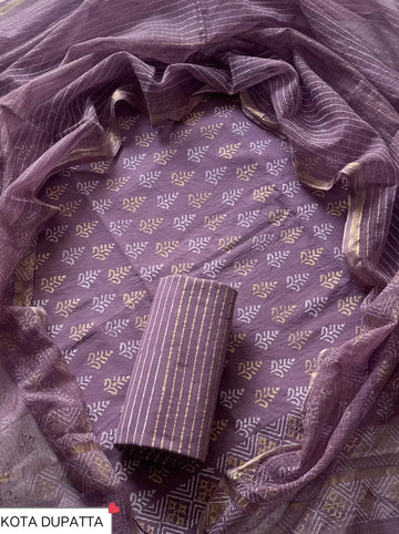 Cotton Hand Block Printed Suit With Kota Doriya Dupatta