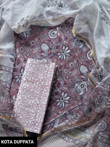 Cotton Hand Block Printed Suit With Kota Doriya Dupatta