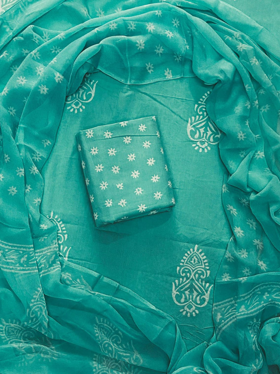 Handblock print cotton suits with chiffon dupatta