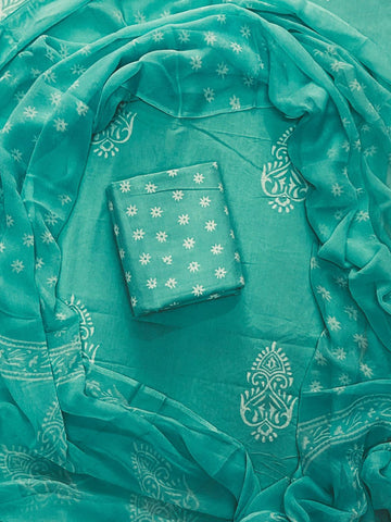 Handblock print cotton suits with chiffon dupatta