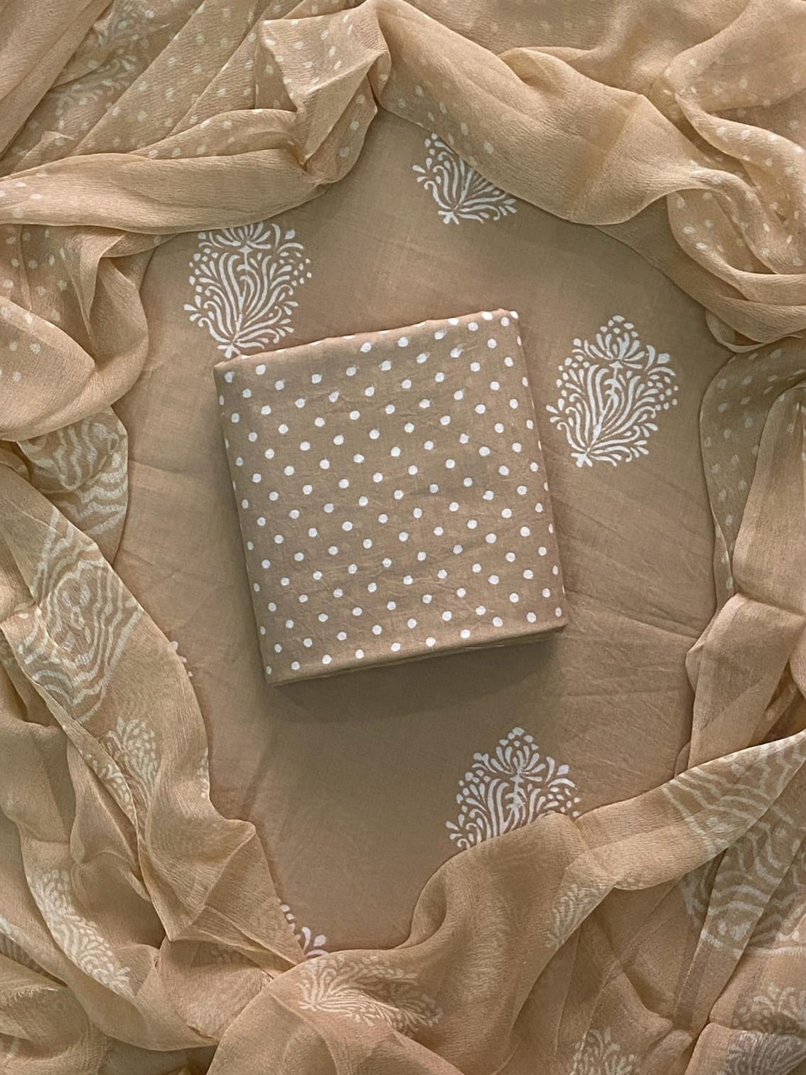 Handblock print cotton suits with chiffon dupatta