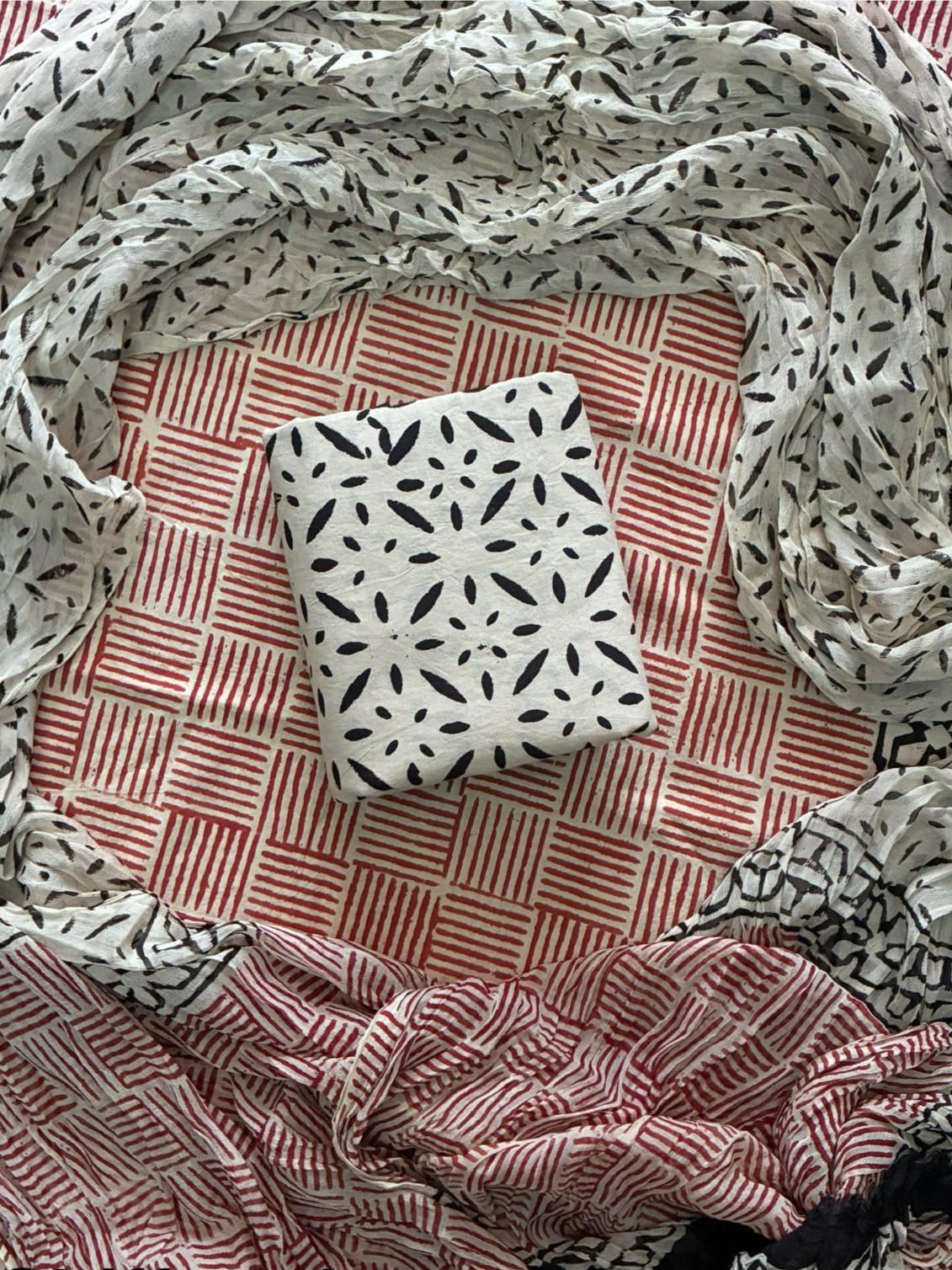 Handblock print cotton suits with chiffon dupatta